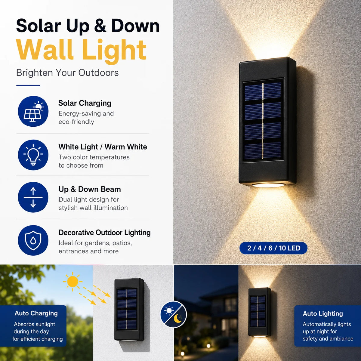 lampe murale solaire extérieure led up down 10 led moderne panneau solaire texturé murale