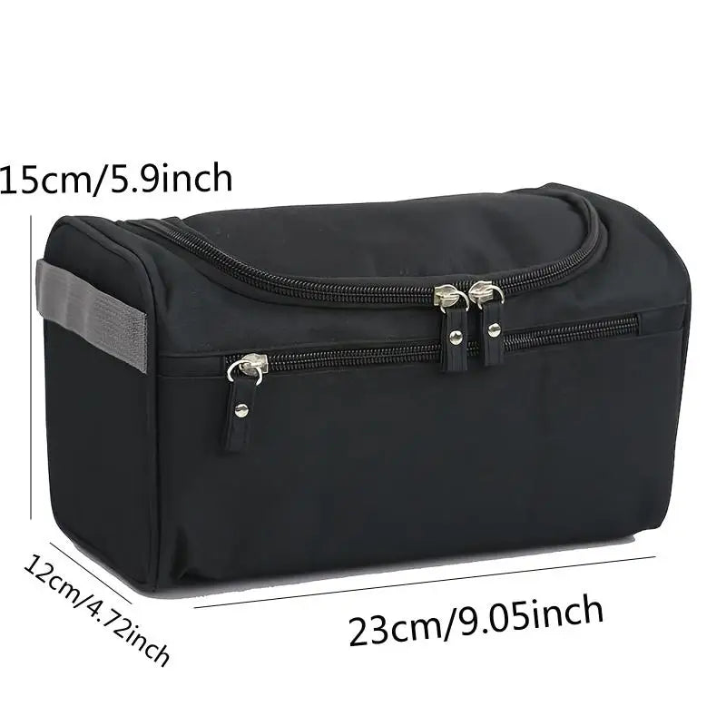 sac toilette pliable tissu texturé noir suspension crochet brosses dents rasoir crème solaire flacons