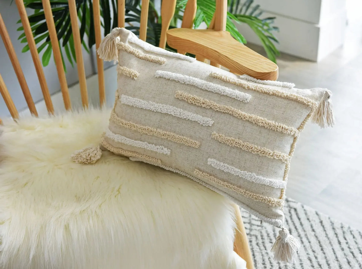 coussin boho chic brodé franges polyester beige décoratif rectangle 45x45cm