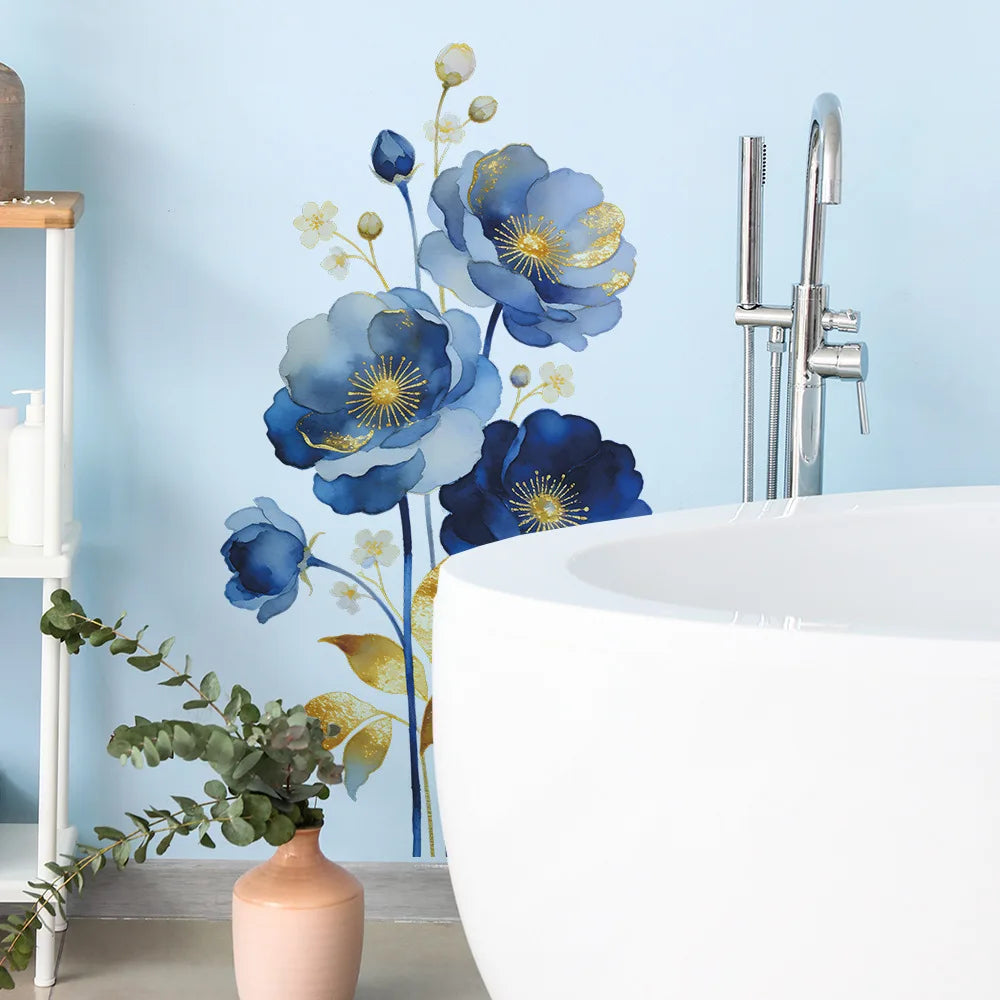 autocollant mural moderne fleurs bleues feuilles dorées intérieur salle bain toilette 30x60cm opaque adhésif
