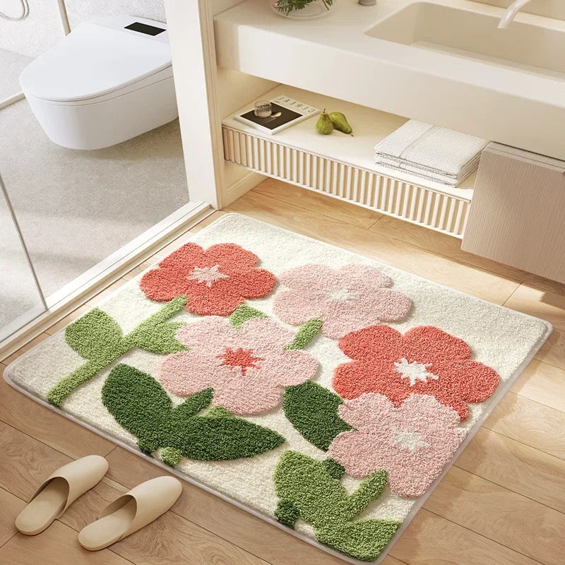 tapis bain microfibre carré motif fleurs moderne doux absorbant salle bain vert blanc