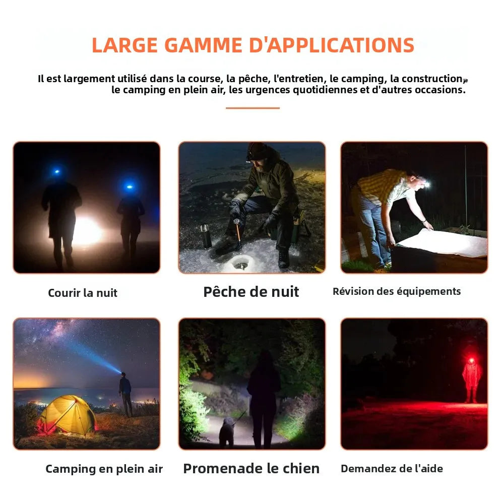 lampe frontale led noire orange ipx4 étanche camping chasse randonnée