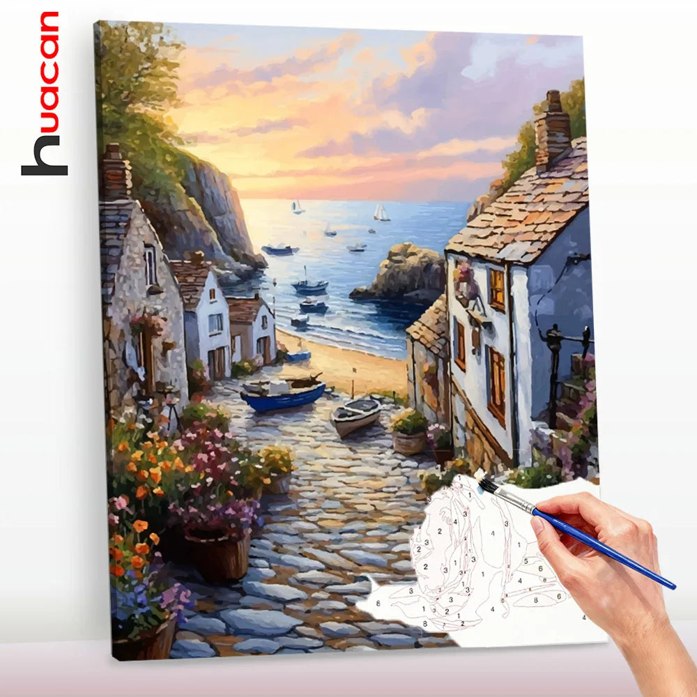 tableau peindre paysage marin maison plage bateau fleur toile pinceau peinture guide cadre diy