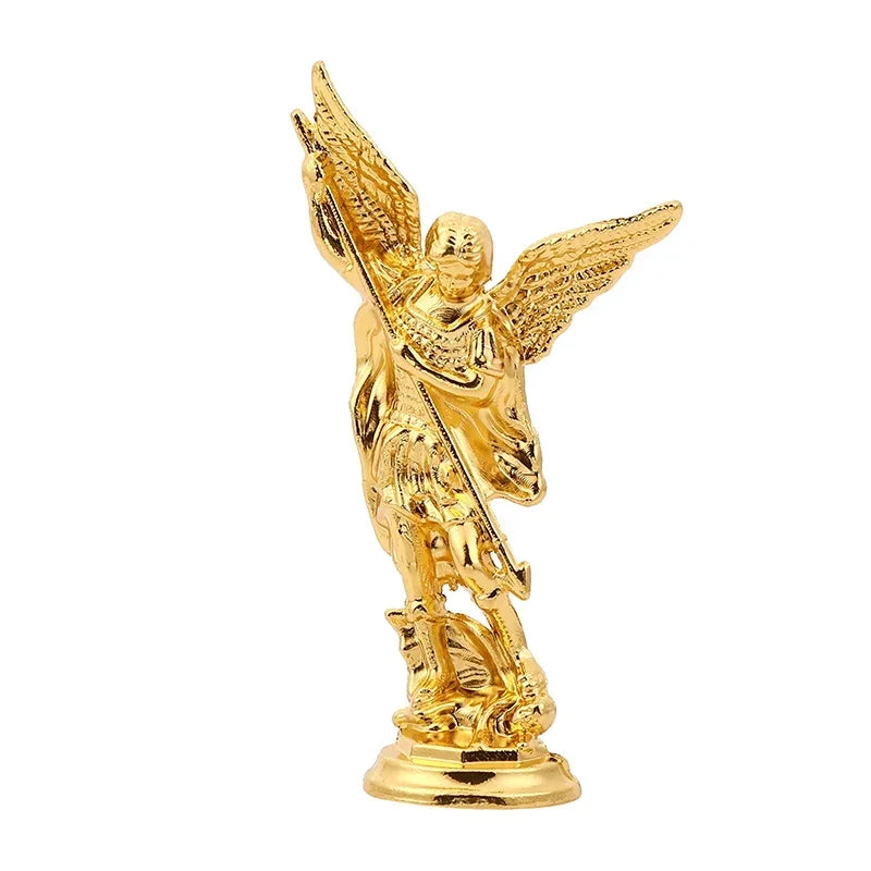 statuette ange saint michael croix détails sculpturaux doré bronze argenté cuivré classique religieux maison