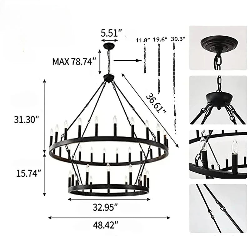 lustre moderne rustique noir multiple branches 20 ampoules E12 chaines suspension salon salle manger