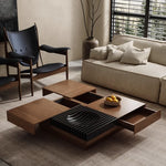 table basse bois carrée moderne tiroirs motifs horizontaux salon minimaliste
