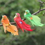 ornements décoration oiseaux artificiels plumage brillant points dorés gris orange vert jaune marron bleu