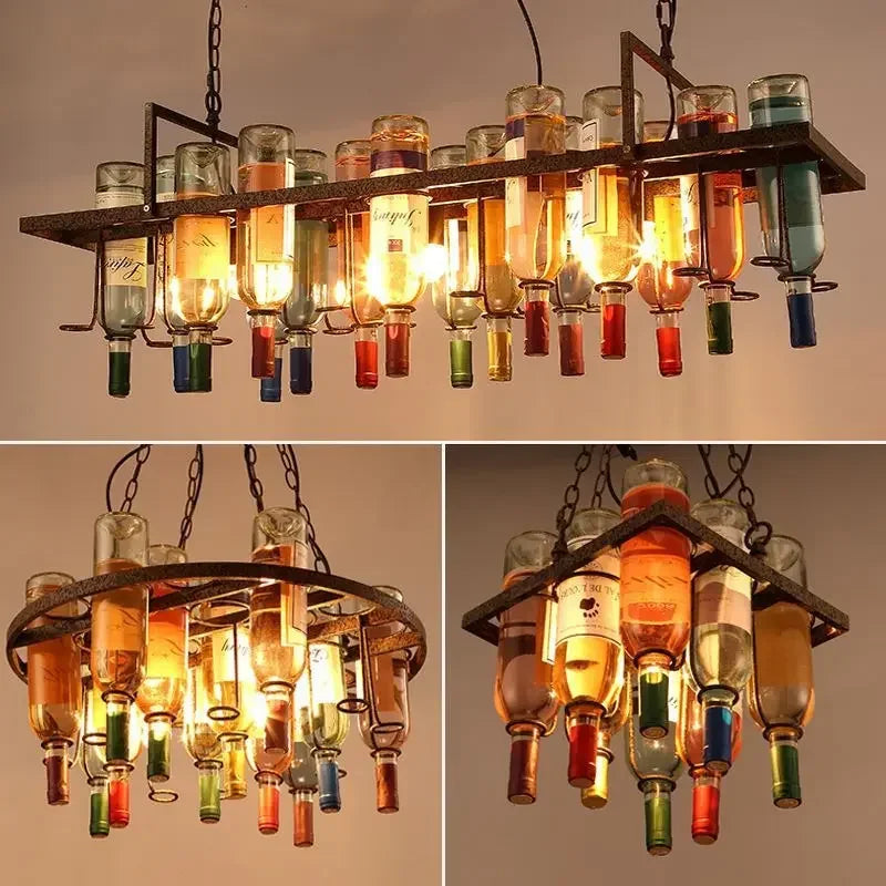 lampe suspendue industrielle bouteilles vin multicolore rouge vert bleu orange rustique