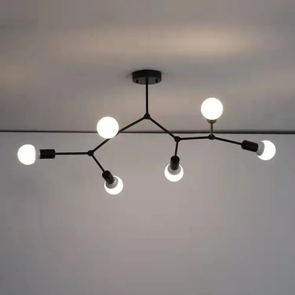 luminaire suspendu moderne structure métallique noire six ampoules sphériques blanches salon cuisine