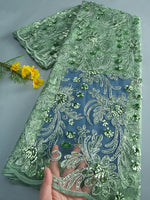 tissu polyester floral pailleté orange doré bleu vert translucide brodé party wedding prom dress