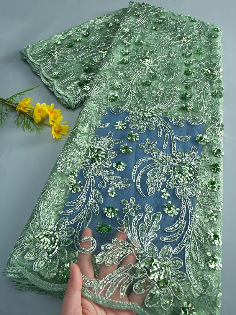 tissu polyester floral pailleté orange doré bleu vert translucide brodé party wedding prom dress