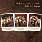 figurines animales bronze cuivre détails sculptés rhinocéros hippopotame éléphant plateau bois africain
