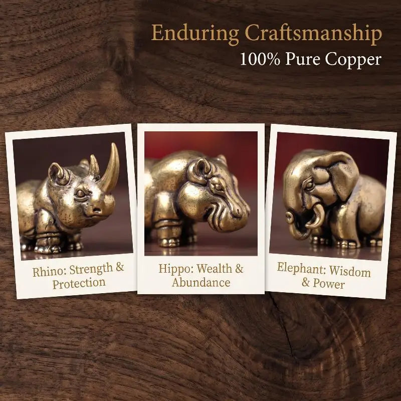 figurines animales bronze cuivre détails sculptés rhinocéros hippopotame éléphant plateau bois africain