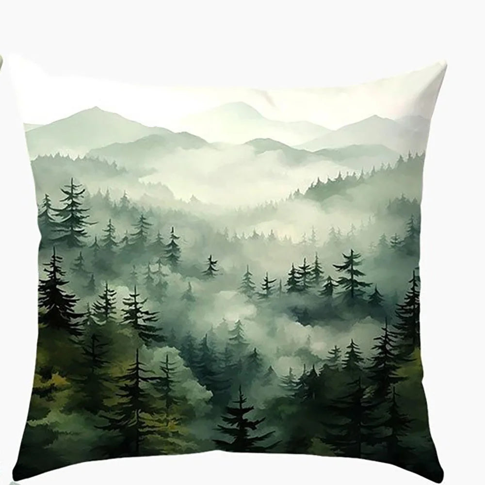 taies d'oreiller imprimées forêt brumeuse polyester peacheskin 40x40cm 45x45cm 50x50cm 60x60cm zip closure naturel