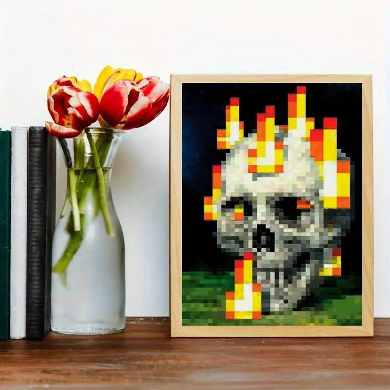 cadre mural moderne pixel art crâne flammes noir rouge salon chambre coucher graphique bois