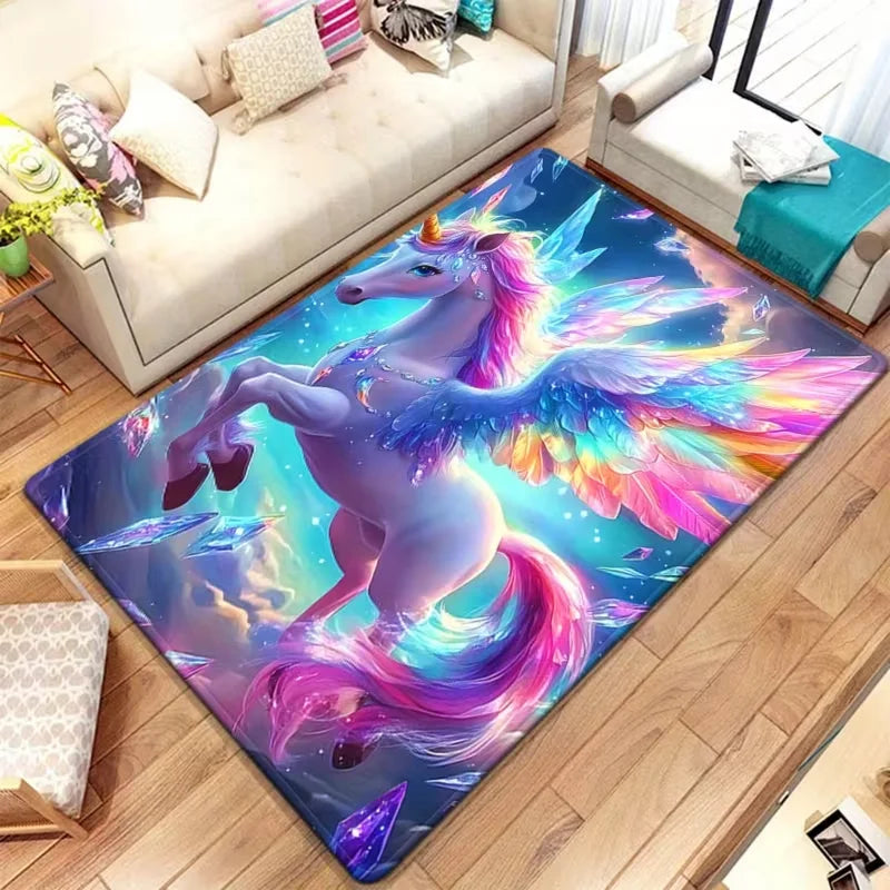 tapis licorne scénique violet rose blanc coeurs étoiles moderne antidérapant sol chambre enfant fantaisie