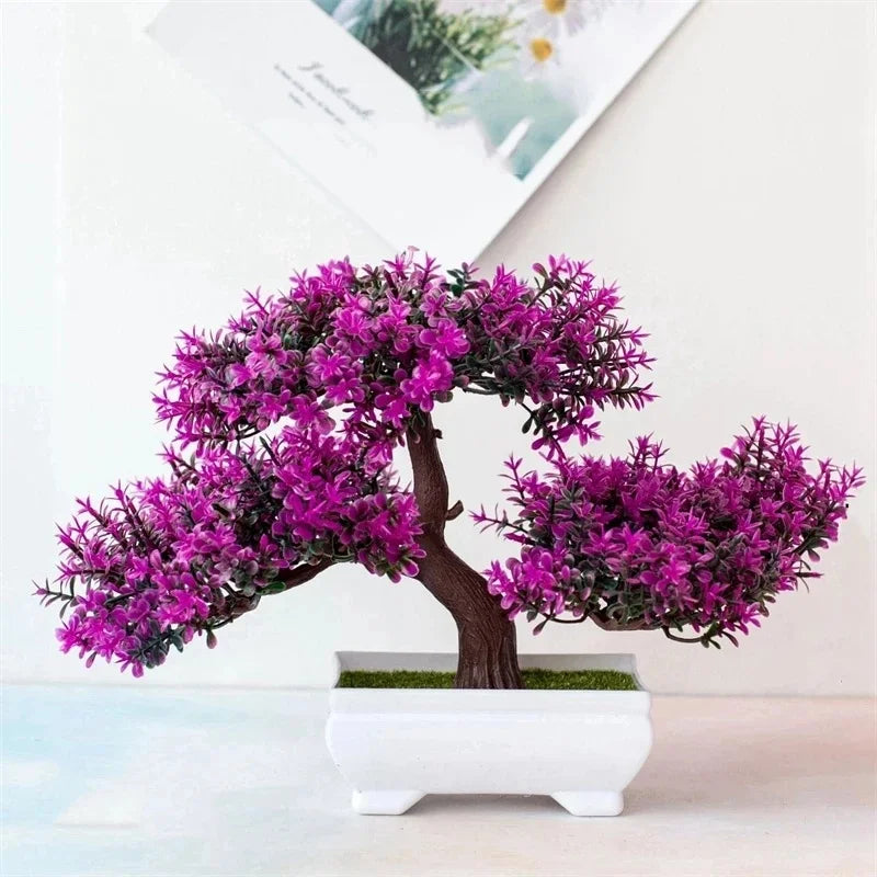 bonsaï artificiel vert rose violet orange feuilles fines tronc épais pot blanc mousse verteextérieur
