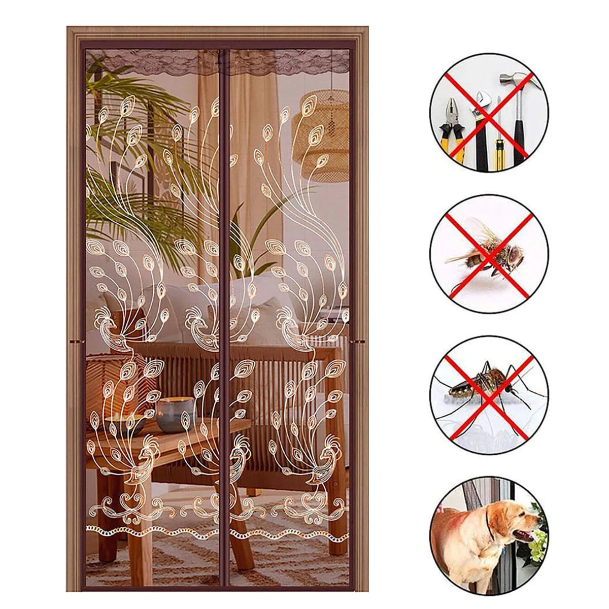 rideau porte moustiquaire imprimé floral moderne couleur marron clair beige translucide fixations adhésives