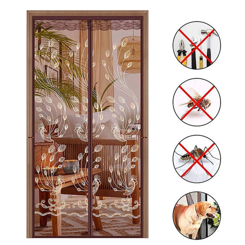 rideau porte moustiquaire imprimé floral moderne couleur marron clair beige translucide fixations adhésives