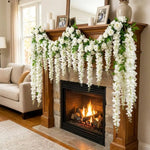 guirlande fleurs artificielles blanc rose feuilles vertes extérieur décoration romantique clips fixations