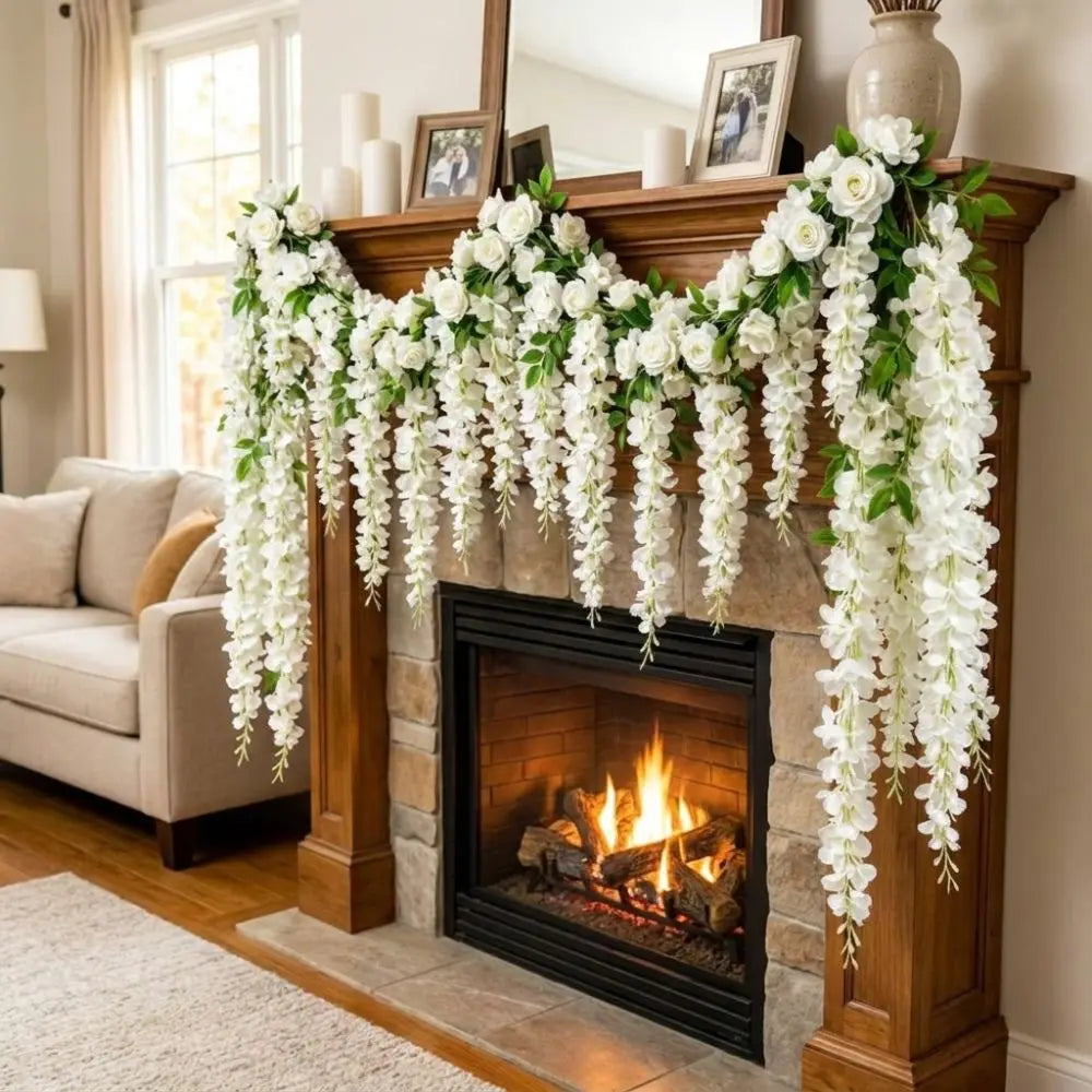 guirlande fleurs artificielles blanc rose feuilles vertes extérieur décoration romantique clips fixations