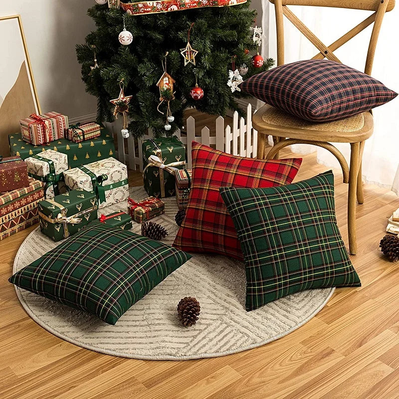 housses coussins carreaux écossais vert rouge jaune 100 polyester amovibles lavables traditionnel 30x50cm 45x45cm