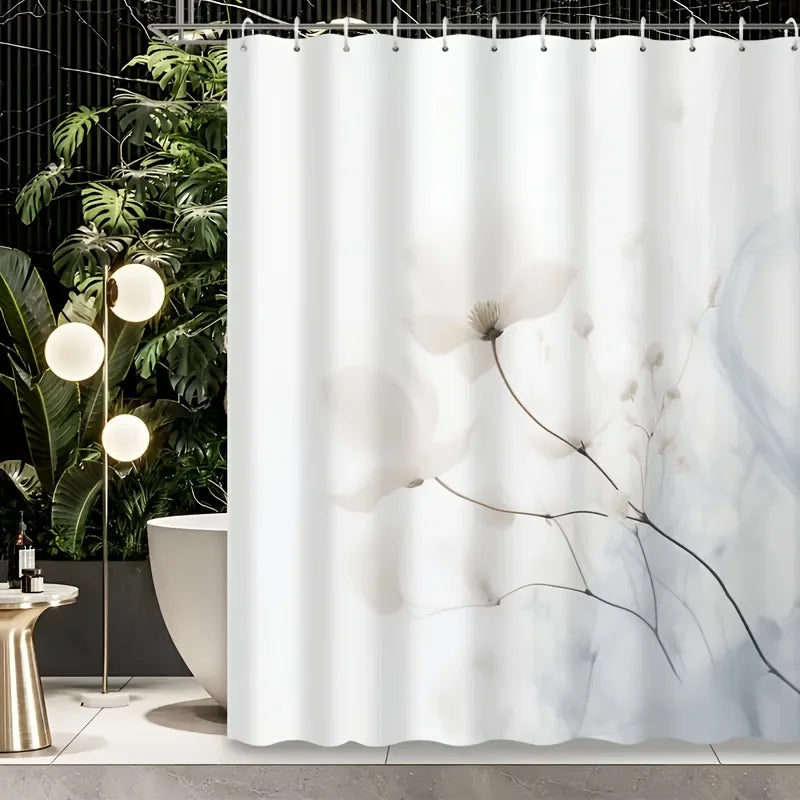 rideau douche moderne fleurs blanches polyester blanc gris clair minimaliste crochets métalliques translucent salle
