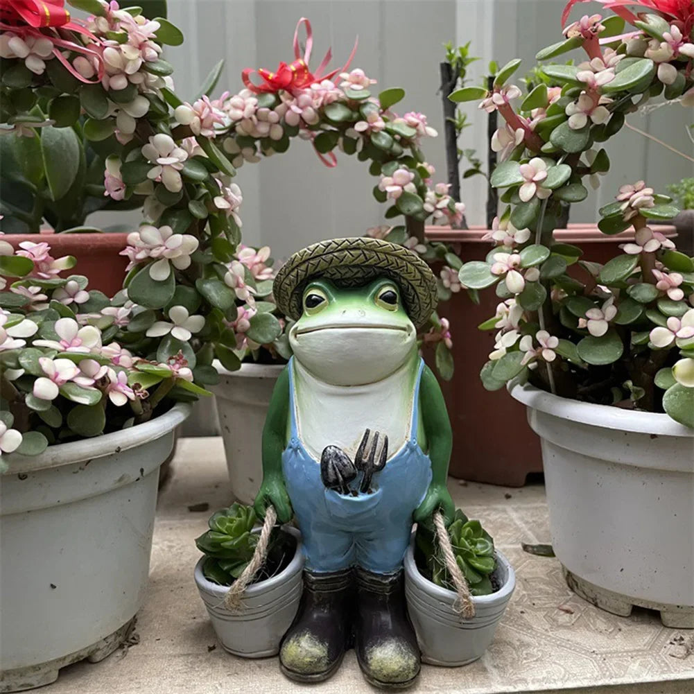 statue grenouille verte bleue jardin résine décorative pots fleurs outils pelle pioche chapeau succulentesintérieurextérieur
