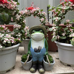 statue grenouille verte bleue jardin résine décorative pots fleurs outils pelle pioche chapeau succulentesintérieurextérieur