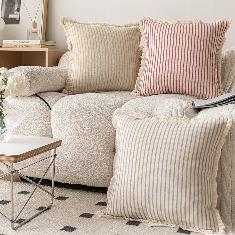 housse coussin rayures coton chanvre rustique beige rouge decoratif maison canape lit salon voiture