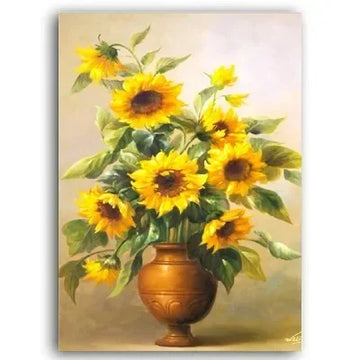 toile peinte tournesol huile fleurs jaune vert salon decoration art moderne chambre