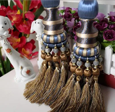 pompons rideau élégants franges couleurs bleu noir doré rayures polyester decoration maison