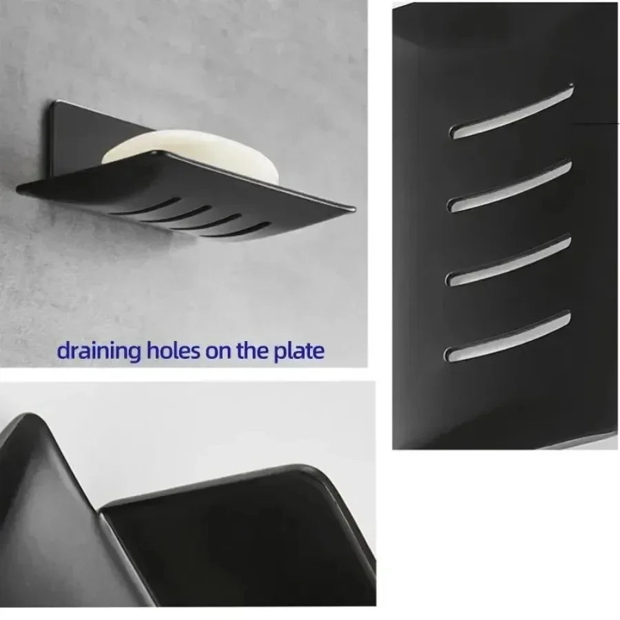 support savon mural noir moderne minimaliste adhésif drainage salle bain plat lisse opacité