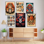 Une collection de magnifiques illustrations aux motifs orientaux, inspirées de la culture japonaise traditionnelle, présentant des masques décoratifs colorés et floraux.