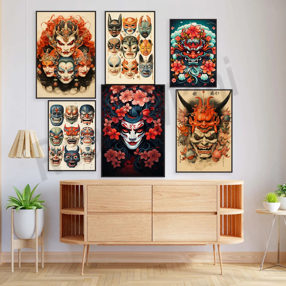 Une collection de magnifiques illustrations aux motifs orientaux, inspirées de la culture japonaise traditionnelle, présentant des masques décoratifs colorés et floraux.