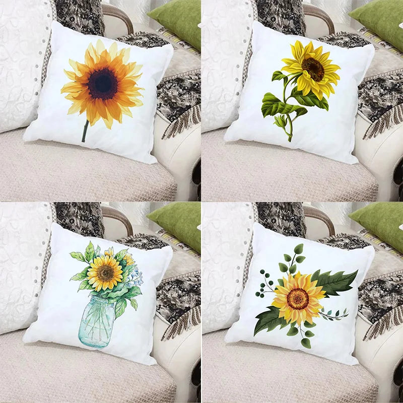 coussin carré blanc motif tournesol fleurs jaunes décoration salon chambre lit moderne textile polyester