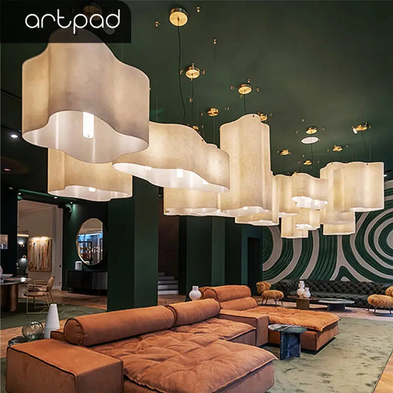 lustre suspension moderne tissu beige clair nuage salon hall restaurant