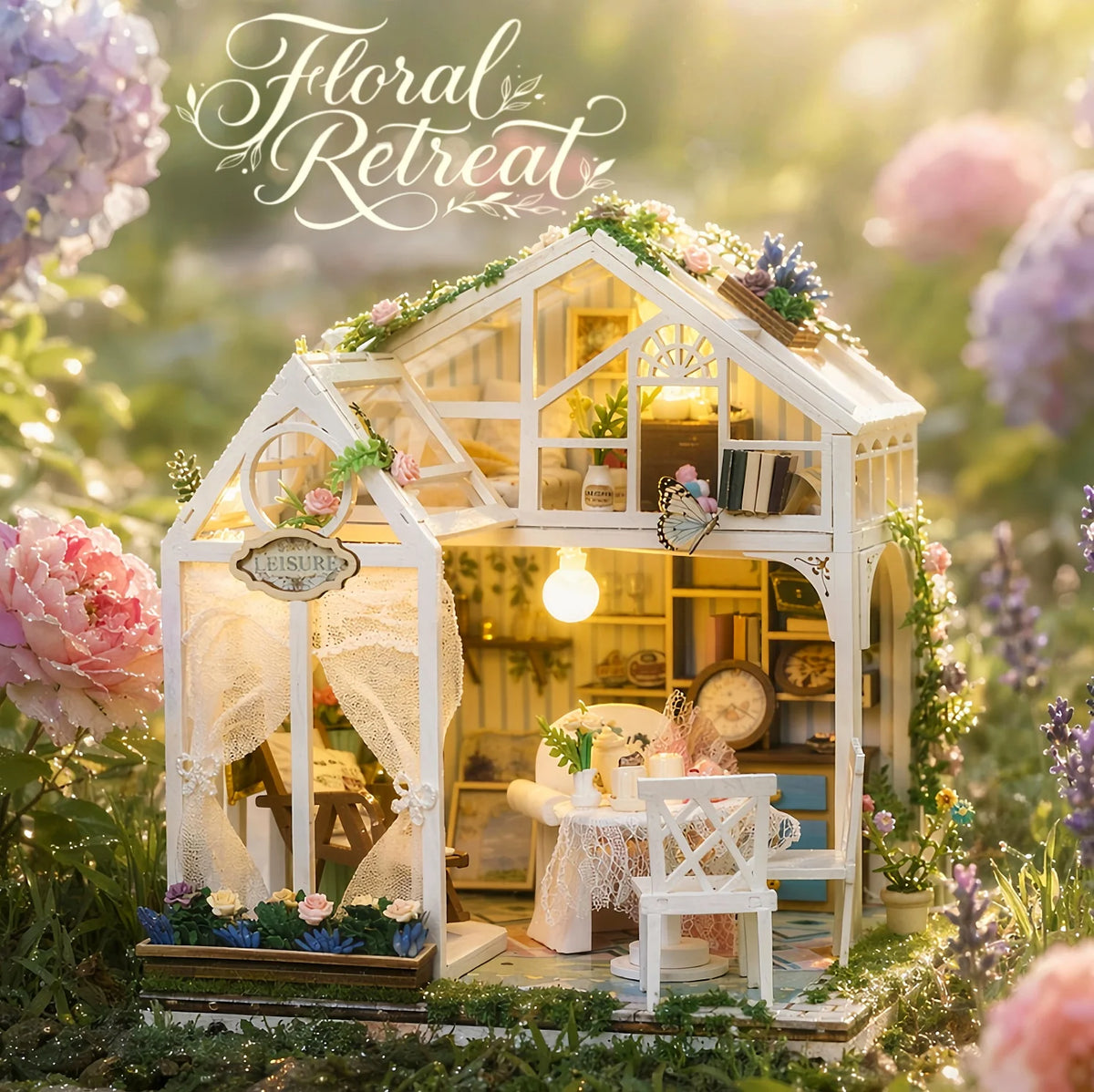 figurines bois maisonnette artisanat décoration intérieure meubles miniatures fleurs artificielles led chambre