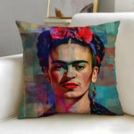 coussin contemporain zip invisible polyvalent orange bleu rouge peinture abstraite visage stylisé 45x45cm polyester