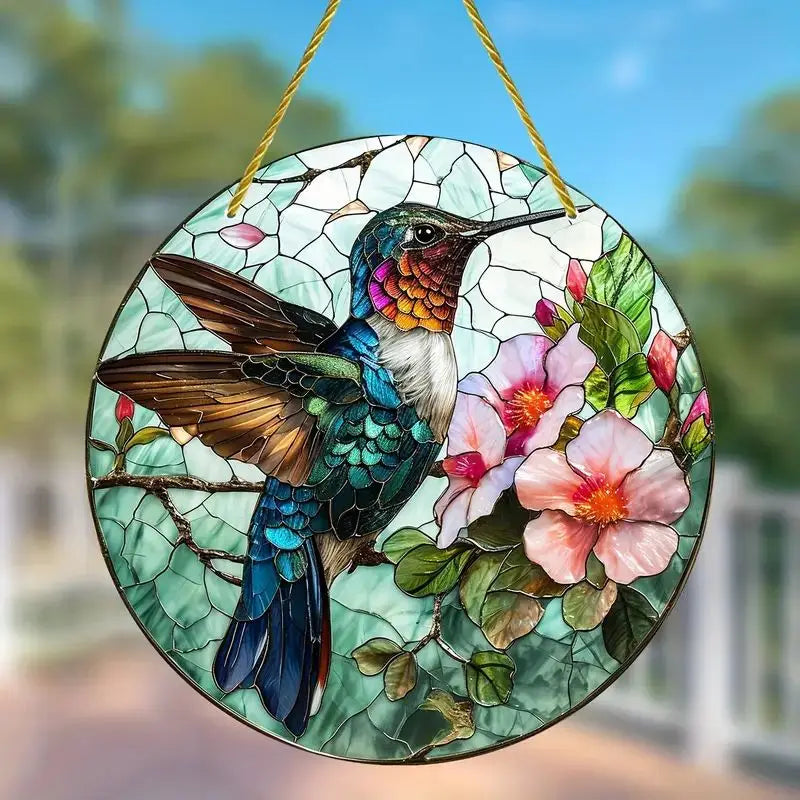 décoration extérieure oiseau verre soufflé art deco multicolore cordelette fleurs transparent