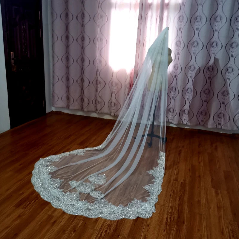 voile mariée blanc broderie paillettes dentelle classique élégant bord dentelle translucide eyelets