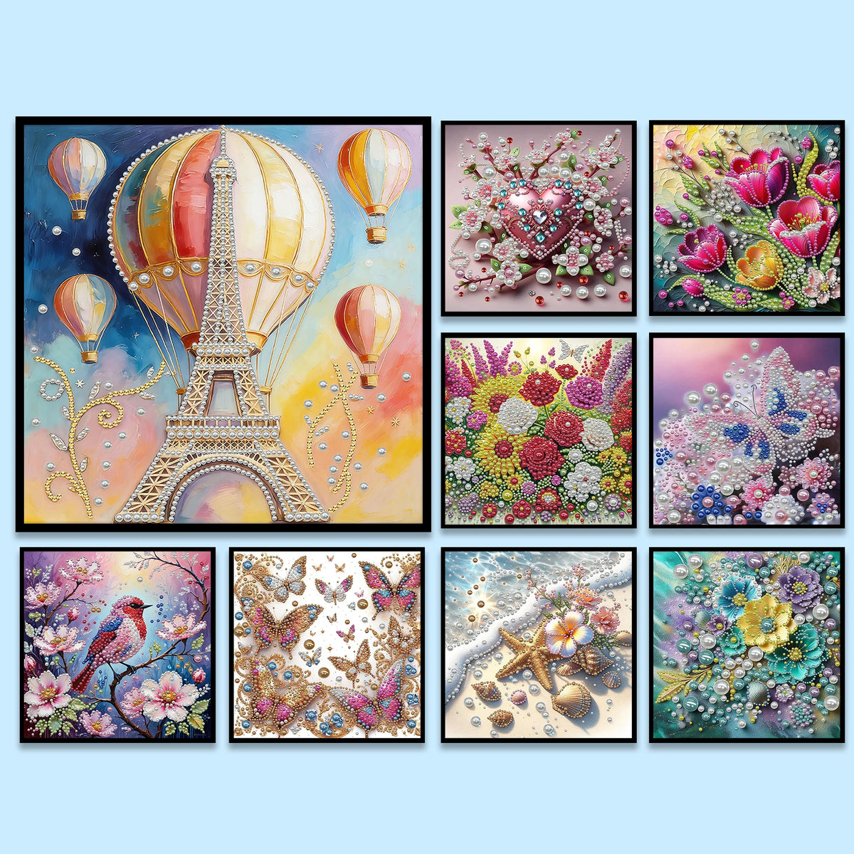 tableau décoratif fleurs coquillages art floral brillant rose violet bleu vert blanc moderne adultes