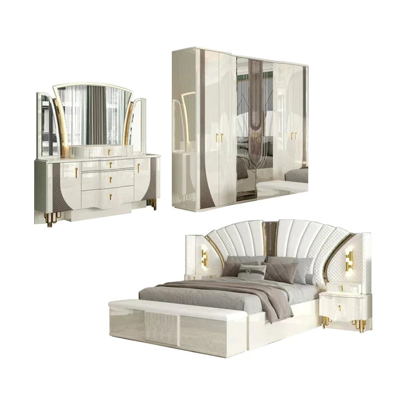 ensemble chambre coucher lit commode armoire blanc doré art déco tête lit éclairage intégré