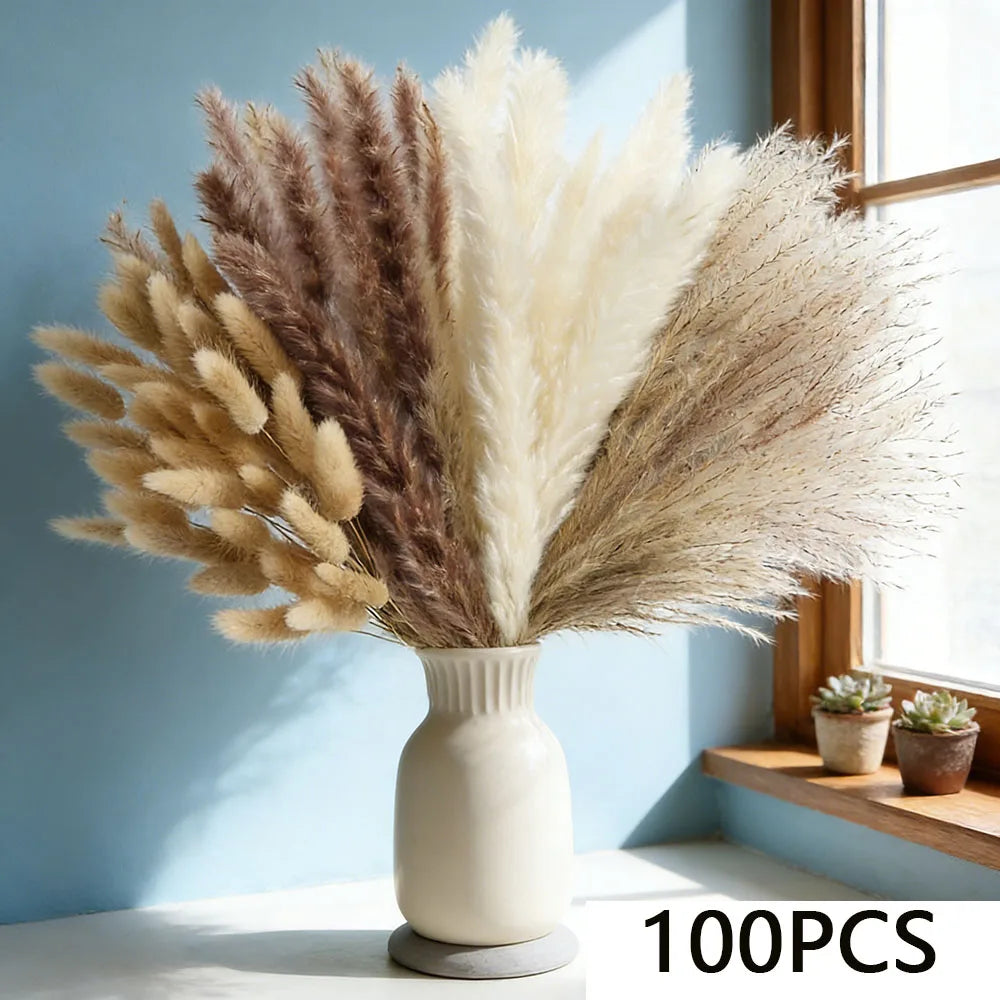 bouquet fleurs séchées eucalyptus roseau pampas beige blanc vert rustique décoration maison anniversaire mariage