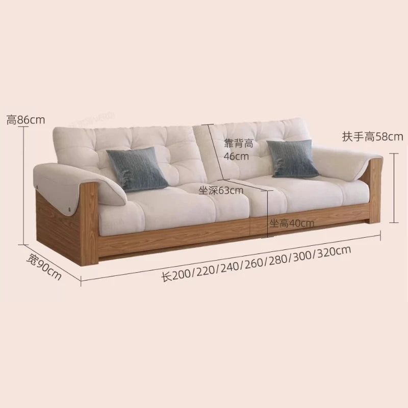 canapé lit moderne bois tissu uni beige inclinable coussins décoratifs salon minimaliste