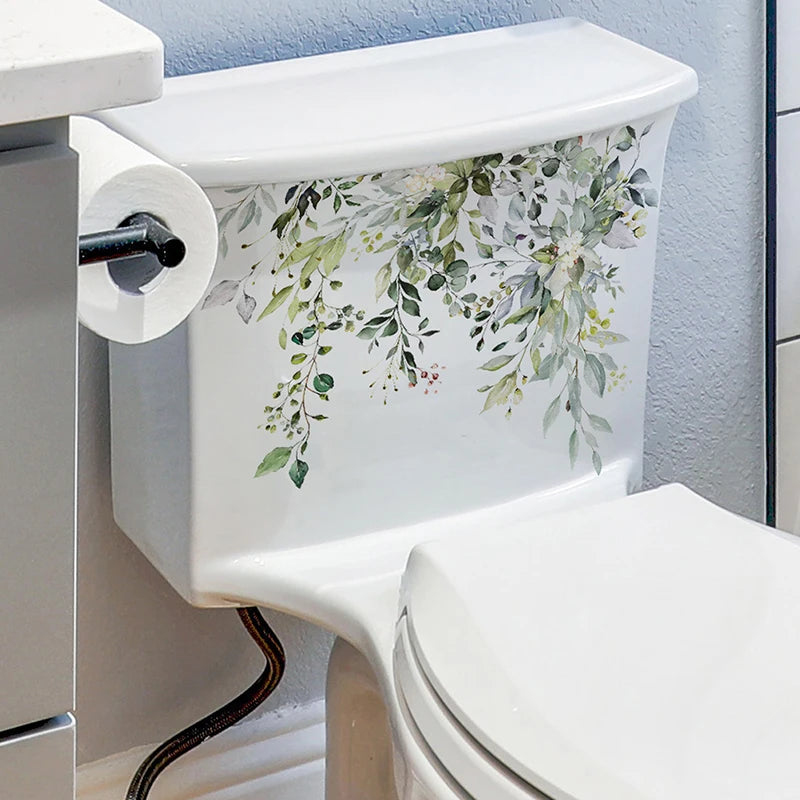 autocollant floral décoration salle bain toilettes feuilles fleurs branches aquarelle vert blanc jaune gris