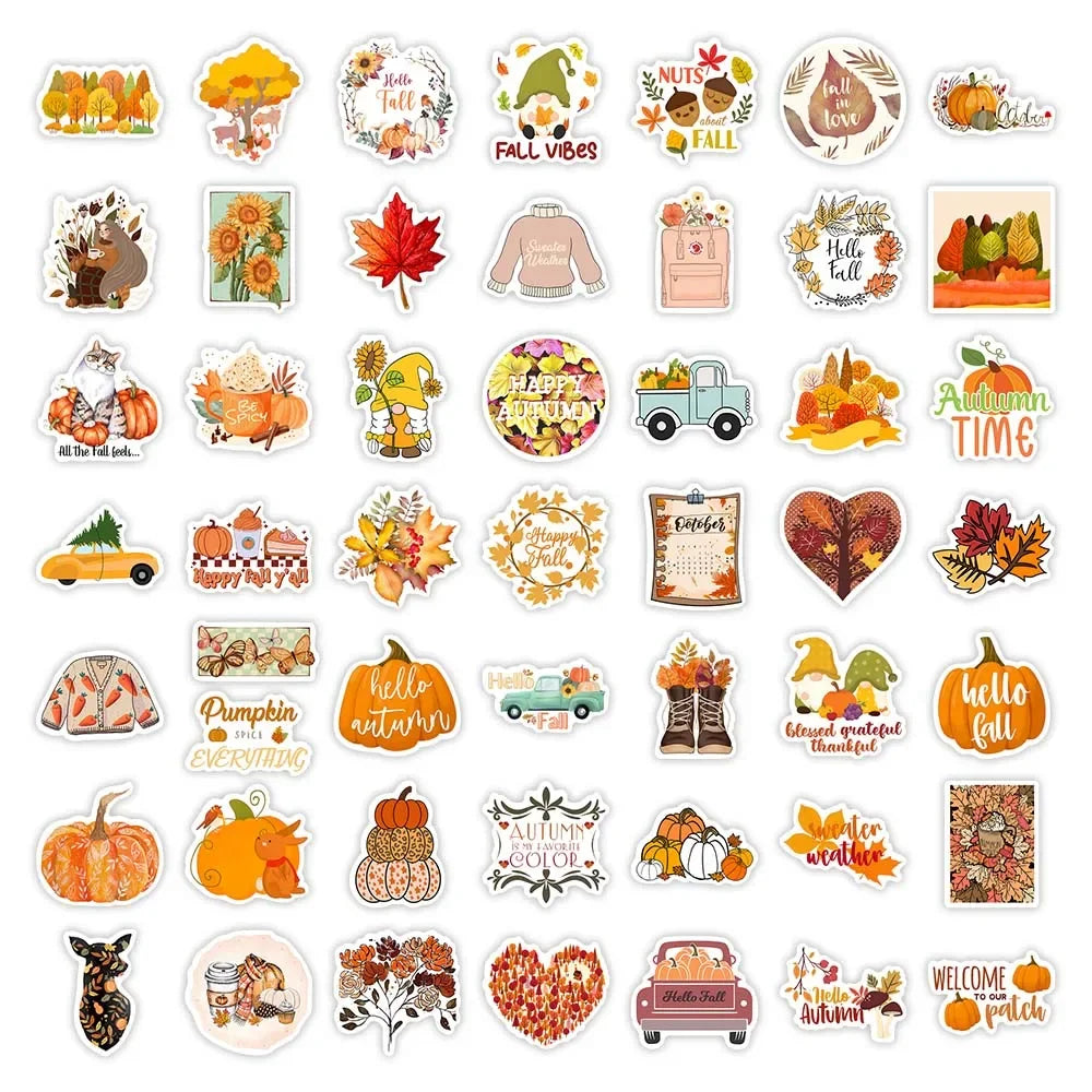 stickers automne orange jaune rouge feuilles citrouilles gnomes animaux illustration cartoon adhésifs mignons vintage