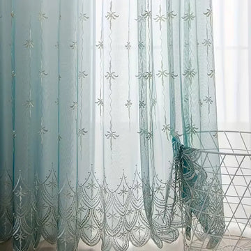 rideau classique brodé floral bleu clair blanc polyester fenêtre française translucent