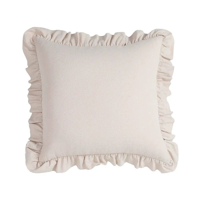 housses coussin coton couleur blanc vert bleu violet marron bords froncés texture tissu decoratif