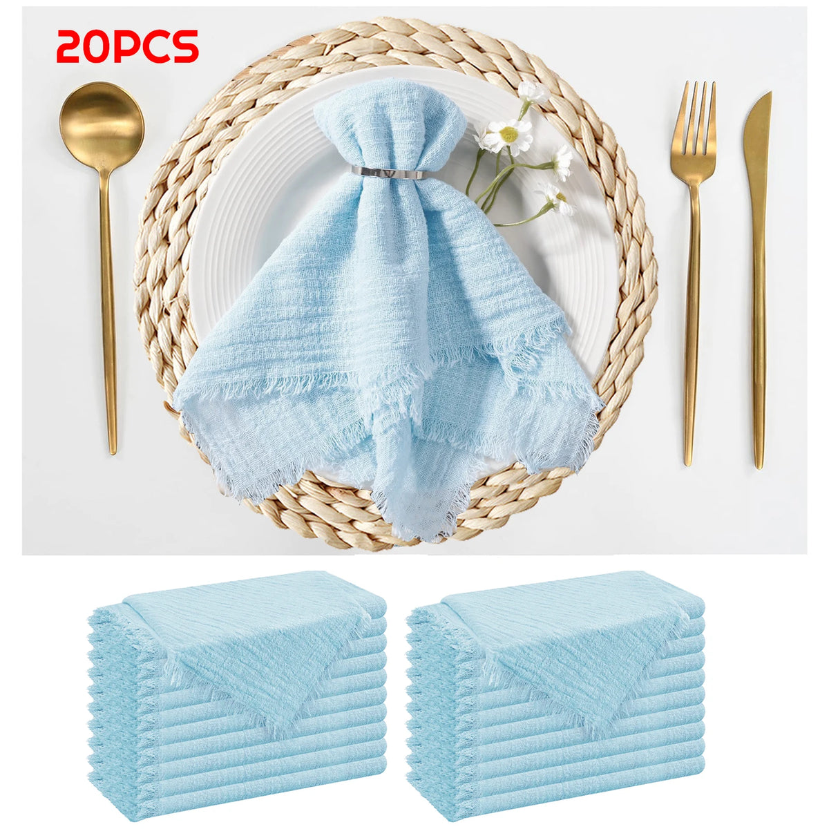 serviettes réutilisables coton jaune bleu clair classiques effilochées clips décoratifs table restaurant maison